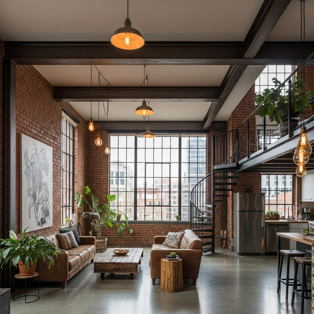 Evolution of interior design in the postmodern and industrial eras with exposed brick walls, metal beams, and eclectic décor.