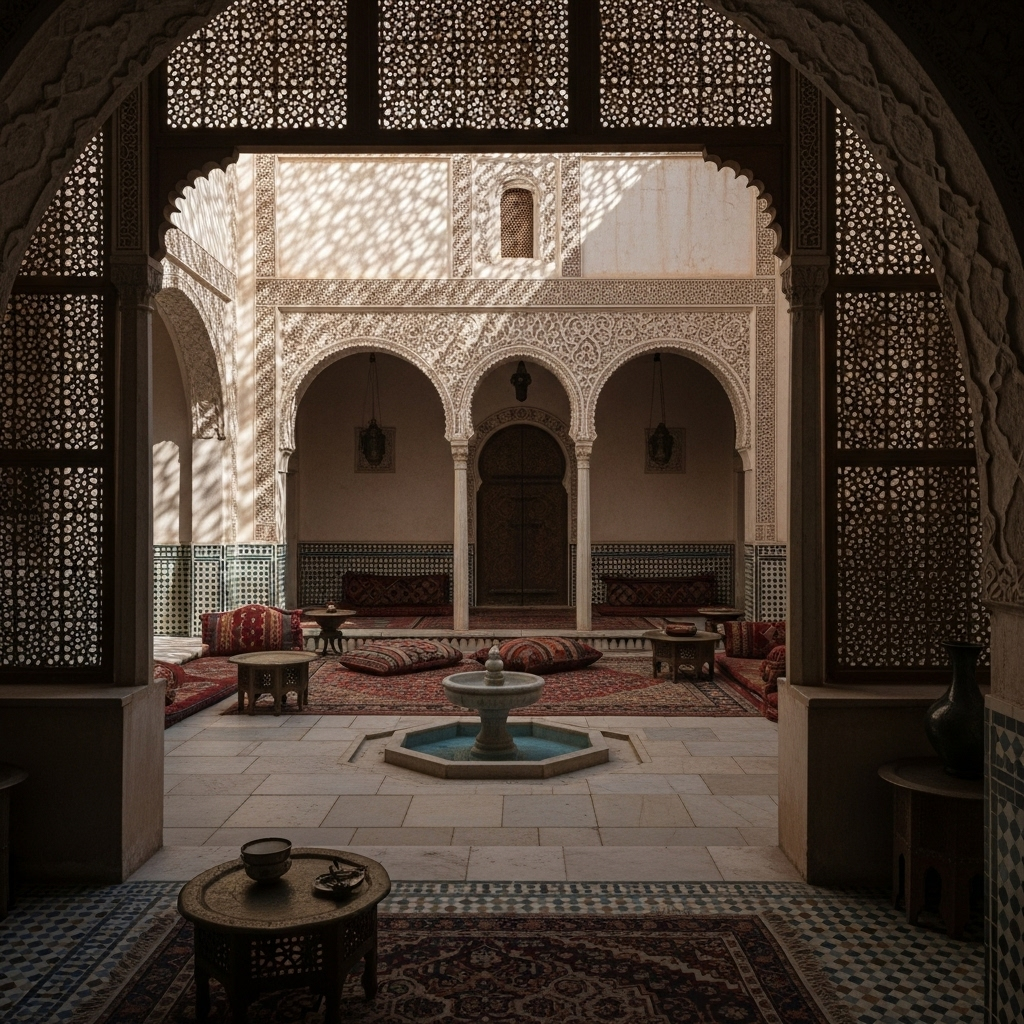 Medieval Islamic courtyard home interior with arches, fountain, and patterned tiles, showing how early domestic design combined privacy, geometry, and natural light.