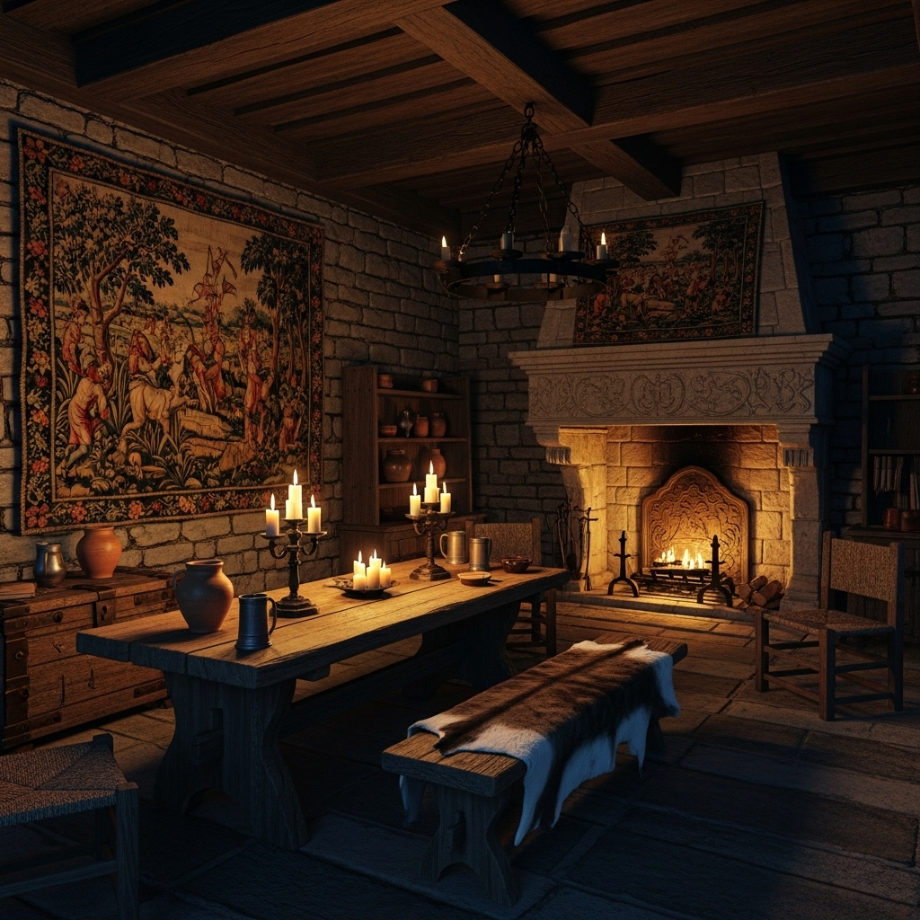 Evolution of interior design during the Medieval period with stone walls, timber beams, and Gothic-style details.