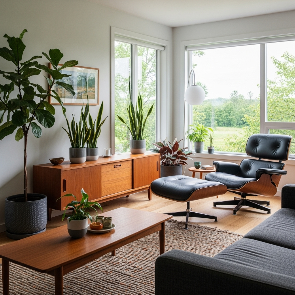 Evolution of interior design in the mid-century modern period featuring teak furniture, open-plan layouts, and organic shapes.
