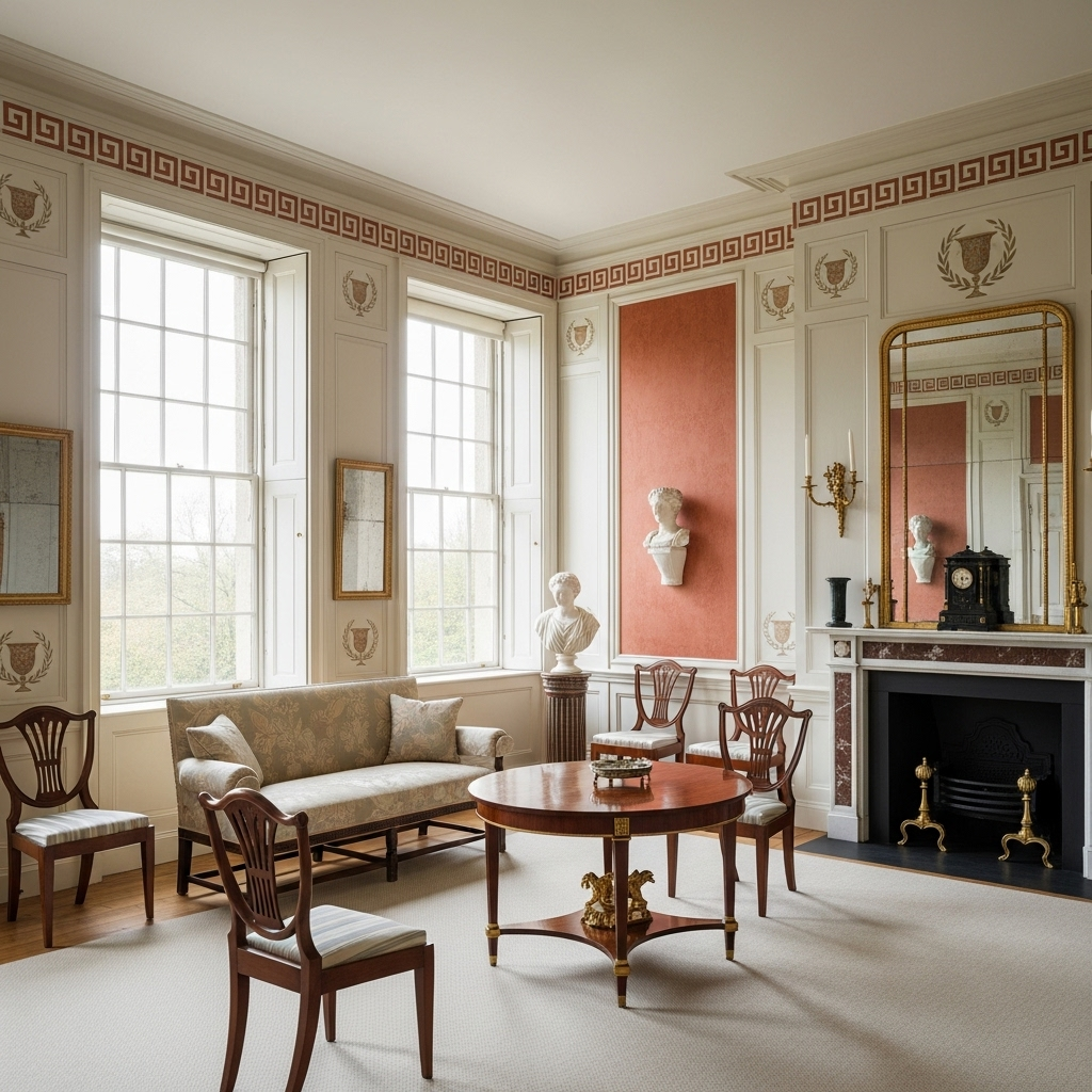 Neoclassical residential home interior from the late 18th century with symmetrical layout, muted colours, and Greco-Roman motifs inspired by the discoveries of Pompeii and Herculaneum.