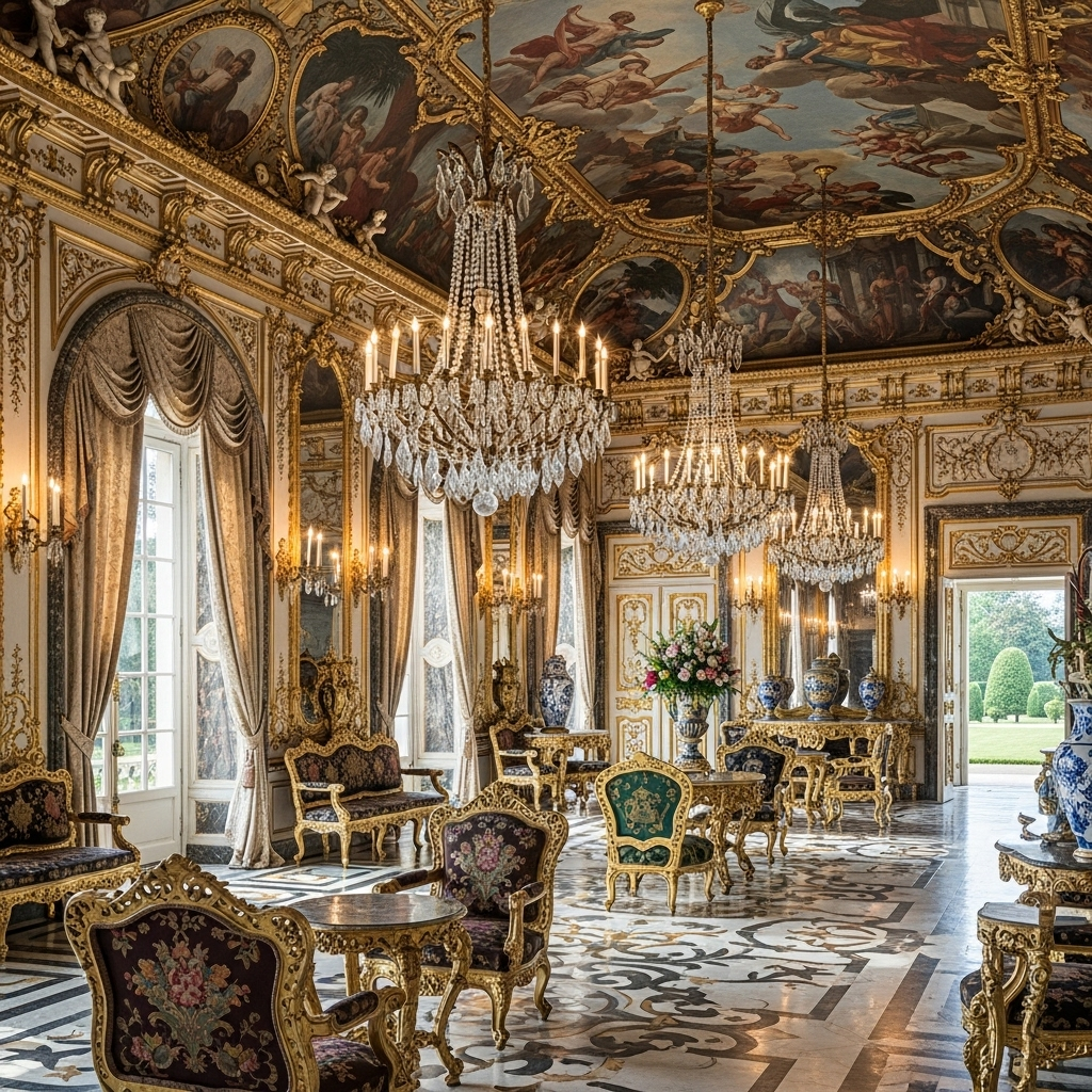 Evolution of interior design in the Renaissance and Baroque eras featuring ornate furniture, chandeliers, and decorative ceilings.
