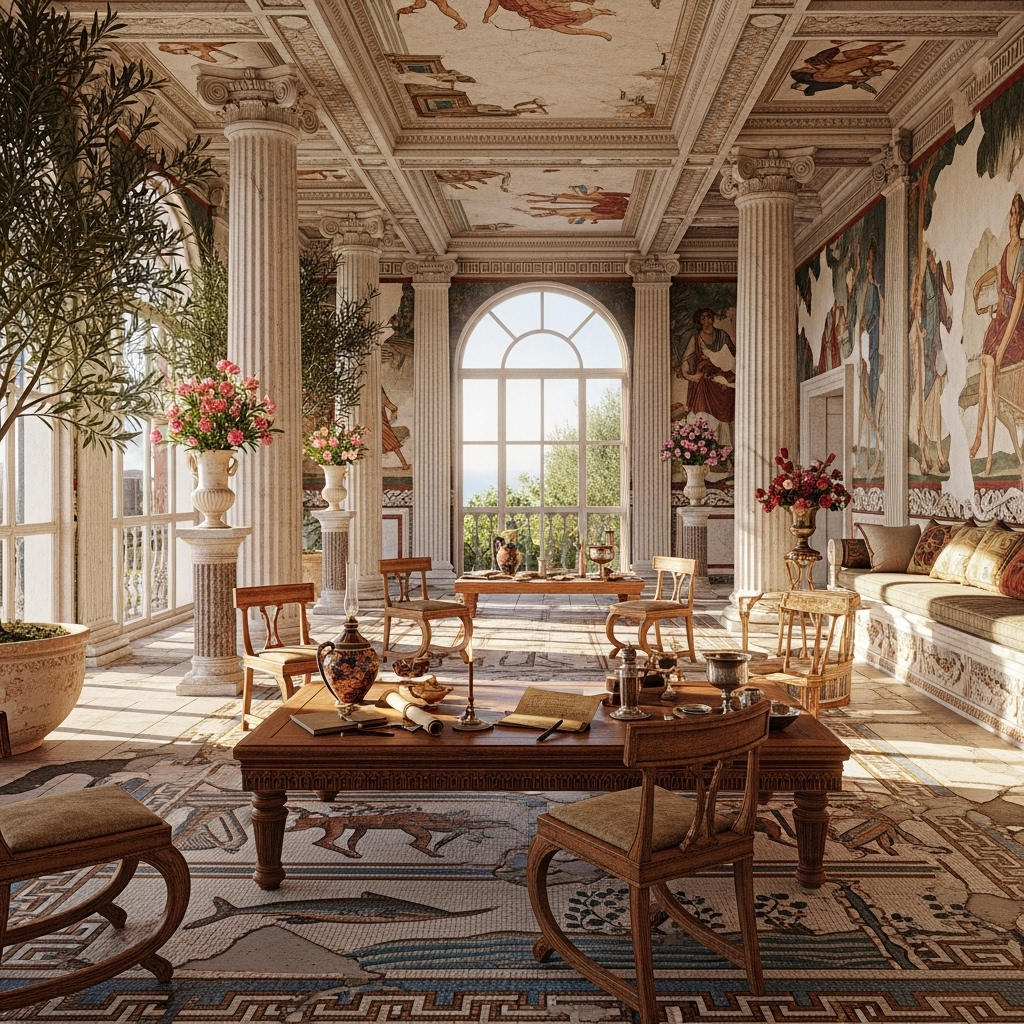Evolution of interior design in ancient Greece and Rome showing marble columns, mosaic floors, and classical symmetry.