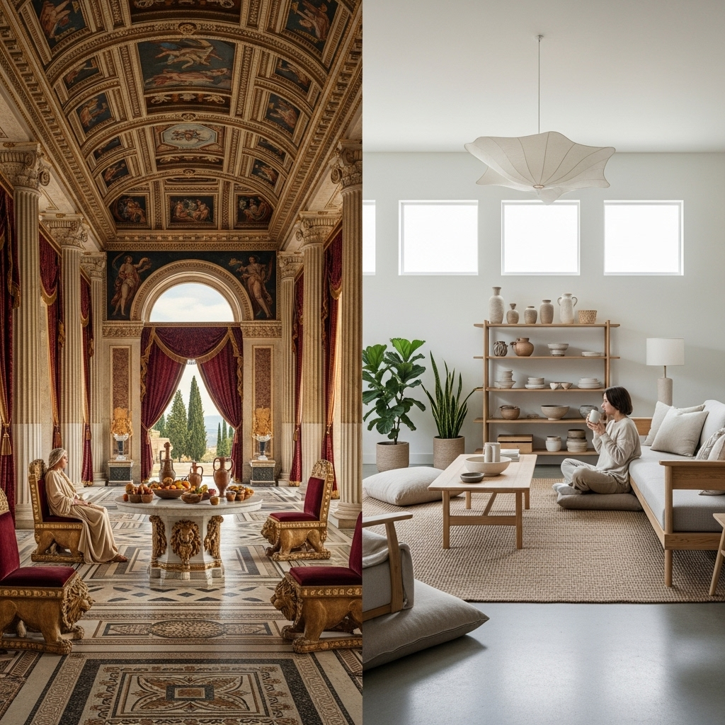 Roman interior versus Japandi minimalist living space showing the evolution of interior design through history.