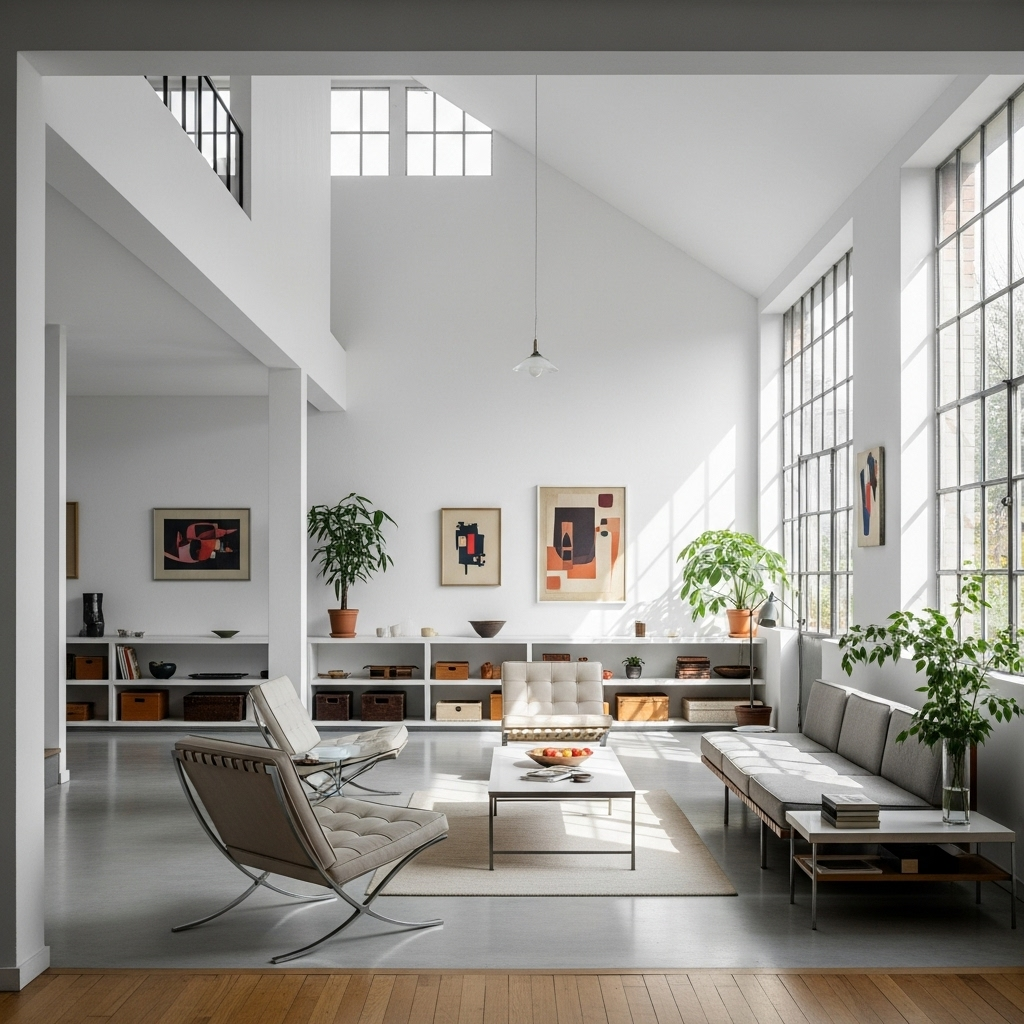Modernist residential home interior from the 1920s with open plan, steel-framed windows and minimalist furniture, reflecting Bauhaus design and the principle that form follows function.