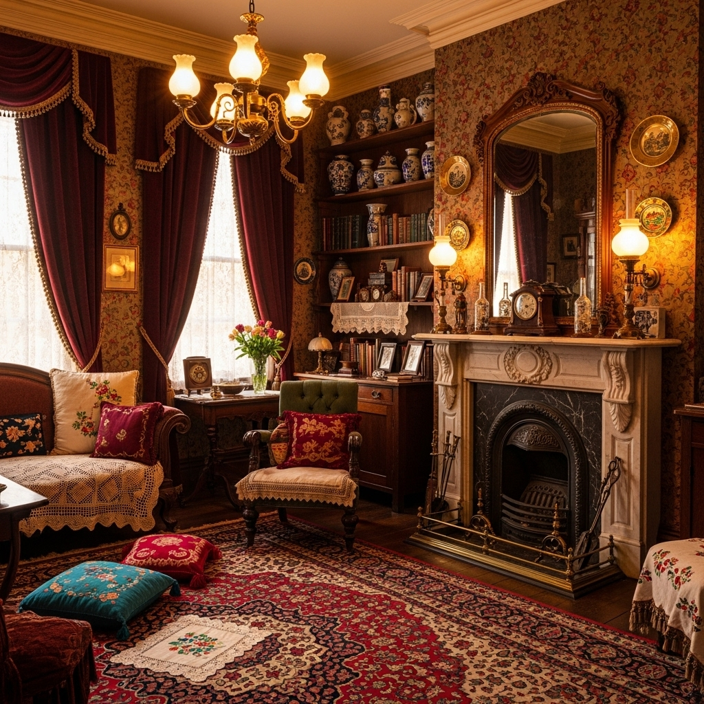 Victorian residential home interior with patterned wallpaper, ornate furniture, rich textiles and layered decoration reflecting 19th-century comfort and prosperity.