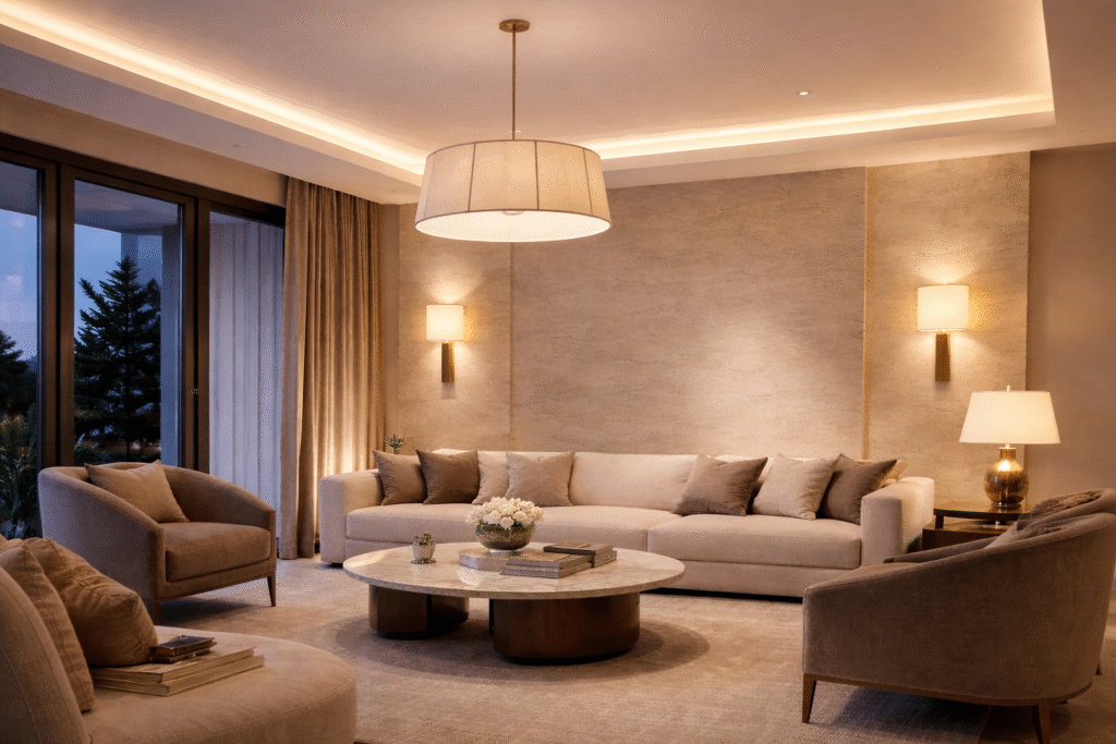 Layered lighting in interior design with ambient, task, and accent lighting