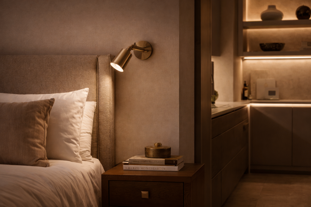 Layered lighting in interior design with ambient, task, and accent lighting