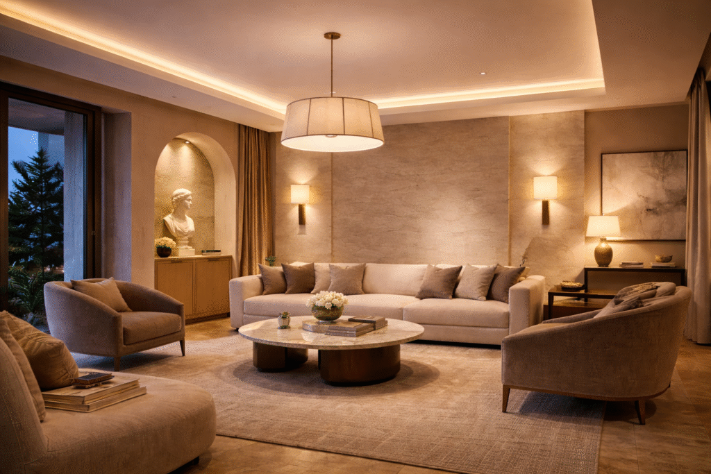 Layered lighting in interior design with ambient, task, and accent lighting